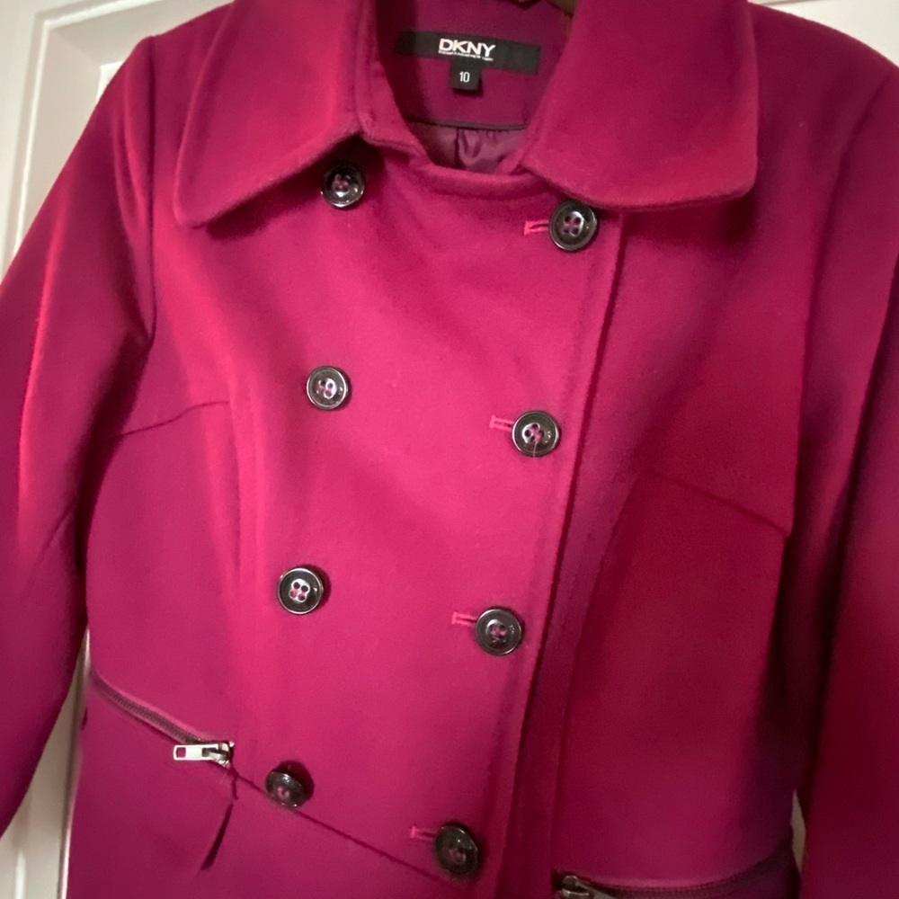 Warm, wool and polyester blend double breasted DKNY jacket.